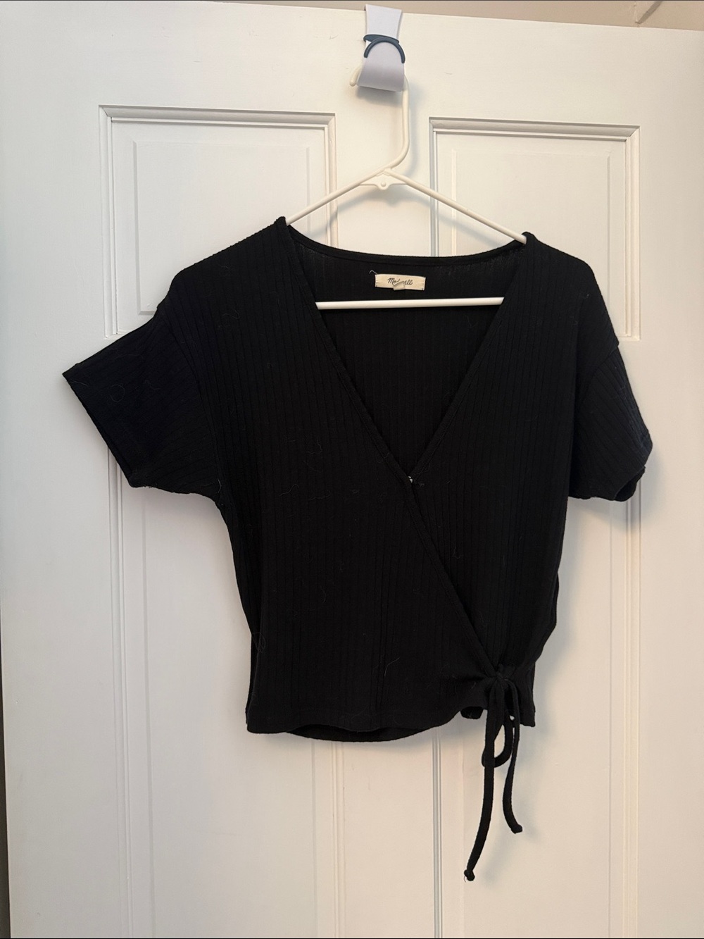 Madewell Black Ribbed Wrap Crop Top with Side Tie